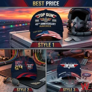 Three Top Gun 40th anniversary collector caps featuring Maverick and fighter jet themes.