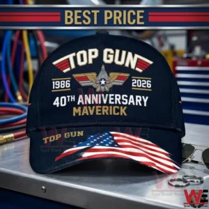 Top Gun 40th anniversary commemorative hat with Maverick design and American flag print