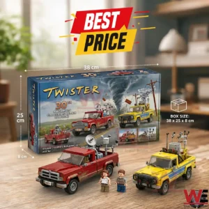 Twister 30th Anniversary Storm Chaser building block set with red and yellow trucks