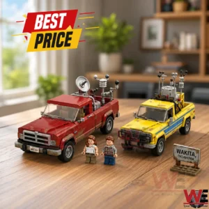 Two storm chasing model trucks and two minifigures on a wooden table