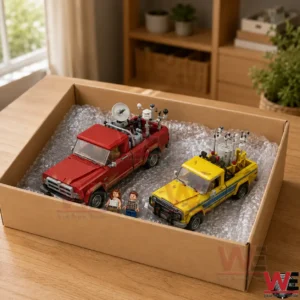 Two toy trucks with scientific equipment and minifigures inside a shipping box