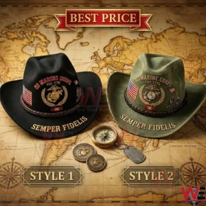 Black and olive green cowboy hats with US Marine Corps embroidery on a vintage map background.