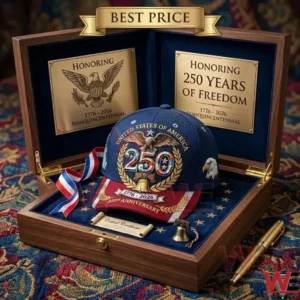 Commemorative US Semiquincentennial baseball cap in a wooden presentation box.