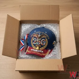 USA 250th anniversary commemorative baseball cap inside a shipping box