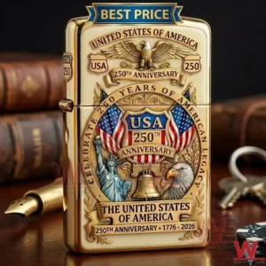 Gold-finished collectible lighter featuring a 250th anniversary USA commemorative design.