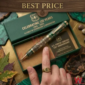 Commemorative US Forest Service anniversary pen in a green box with natural forest themed decorations!