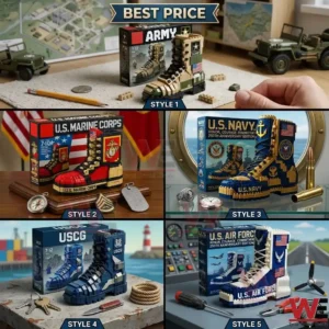 Collection of military branch inspired building block boot sets displayed with themed accessories