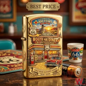 Golden commemorative lighter with desert and diner artwork!
