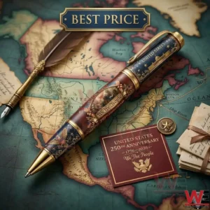 Commemorative United States 250th anniversary fountain pen on vintage map.