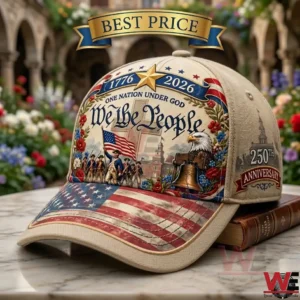 United States 250th anniversary commemorative hat with We The People graphic and American flag design.
