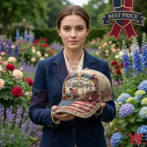 Woman in a navy blazer holding a commemorative 250th anniversary USA baseball cap in a floral garden.