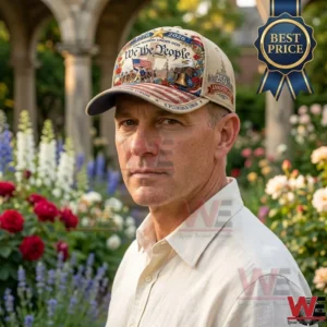 Man wearing a patriotic US 250th anniversary commemorative cap in a garden.