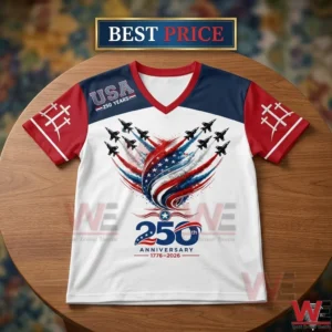 USA 250th anniversary commemorative t-shirt featuring jet fighter graphic