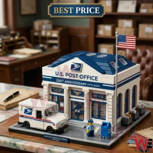 A detailed construction toy set replicating a classic U.S. Post Office building and mail delivery vehicle.