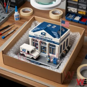 A detailed building block model of a U.S. Post Office in a cardboard shipping box.