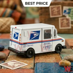 Die-cast model of a United States Postal Service mail truck on a textured surface.