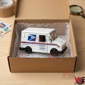 Diecast USPS mail truck replica inside a shipping box
