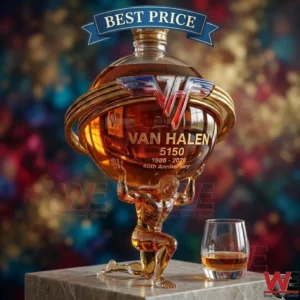 Van Halen 5150 40th anniversary themed whiskey decanter featuring Atlas holding a globe