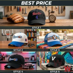 A collection of five different hats representing various team and athletic designs.