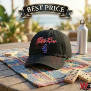 Black baseball cap featuring Puerto Rico text and the number 4.