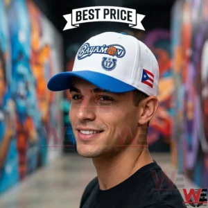 Man wearing a white and blue Bayamon Vaqueros baseball cap with a Puerto Rican flag detail
