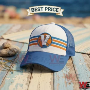 Vintage-inspired blue and white mesh back trucker hat with a large letter V graphic