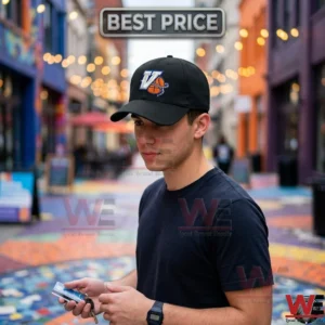 Man wearing a black baseball cap with a basketball logo on a colorful city street.