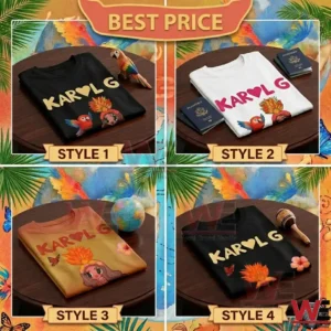 Collage of four tropical themed Karol G t-shirts!