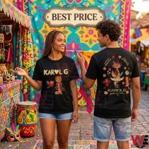 Couple wearing black Karol G shirts at an outdoor market!