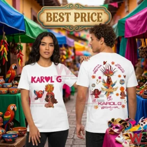White Karol G t-shirt modeled by a couple in a sunny alley!