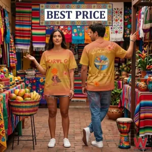 Sunset gradient Karol G shirts displayed in a textile market!