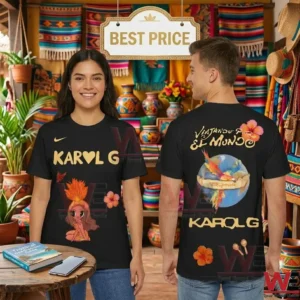 Black and gold Karol G shirt modeled in a shop with ceramics!