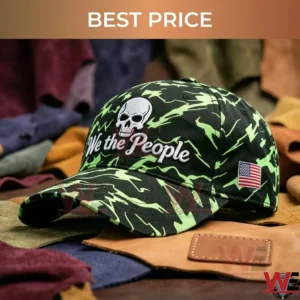 Camo baseball cap with We the People text and skull embroidery.