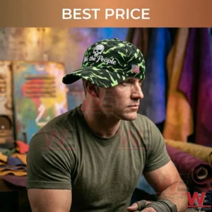 Man wearing a camouflage baseball cap with a skull logo and We the People text.