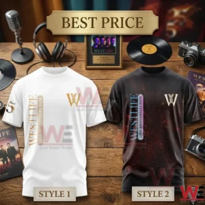 Westlife 25th anniversary tour t-shirts on a wooden desk with musical memorabilia
