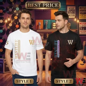Two men modeling Westlife 25th Anniversary Tour t-shirts in white and black against a music studio background.