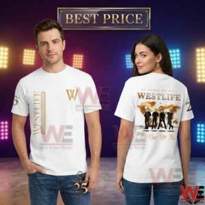 Man and woman modeling white Westlife 25th anniversary tour t-shirts.