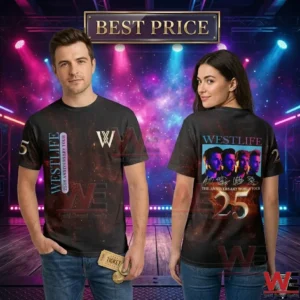 Man and woman modeling Westlife 25th Anniversary Tour t-shirts against a stage background