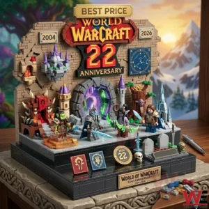 LEGO model display for World of Warcraft 22nd anniversary with various minifigures structure and a Dark Portal!