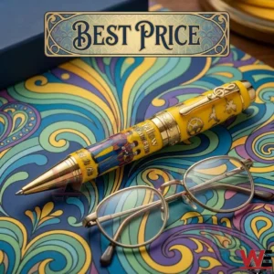 Yellow Beatles themed pen with gold music note clip and character art on a colorful swirl background!