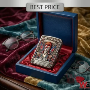 Limited edition Zippo lighter featuring David Bowie Aladdin Sane artwork in a blue velvet-lined gift box