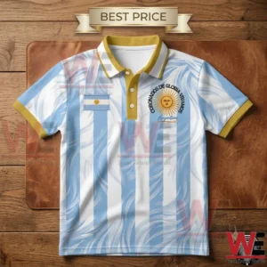 Men's Argentina national team themed polo shirt with blue and white stripes and gold collar