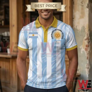 2026 FIFA World Cup Argentina Coronados De Gloria Vivamos Shirt 4 Man wearing a light blue and white striped Argentina polo shirt with a sun emblem and gold collar.