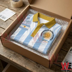 2026 FIFA World Cup Argentina Coronados De Gloria Vivamos Shirt 5 Argentina-themed polo shirt inside a cardboard shipping box