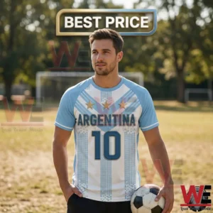 2026 FIFA World Cup Argentina Football Casual T-Shirt 4 Man wearing a custom Argentina soccer jersey with number 10 standing on a field holding a ball.