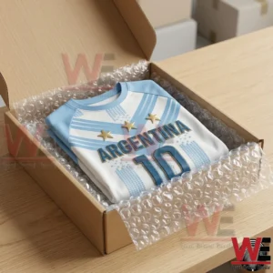 2026 FIFA World Cup Argentina Football Casual T-Shirt 5 Argentina soccer jersey number 10 inside a shipping box with bubble wrap