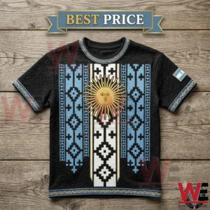 Black t-shirt with Argentine flag inspired sun and geometric patterns