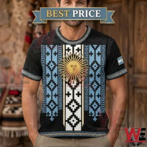 2026 FIFA World Cup Argentina Sun & Flag Ethnic Pattern T-Shirt 4 Man wearing a black t-shirt with Argentina flag patterns and the Sun of May emblem.