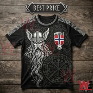 Black t-shirt featuring a Norse Viking warrior, Norwegian flag, and Celtic knotwork patterns.