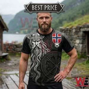 2026 FIFA World Cup Norge Football Viking Vegvisir Warrior Celtic T-Shirt 4 Man wearing a black t-shirt with Viking and Norwegian soccer-themed graphics